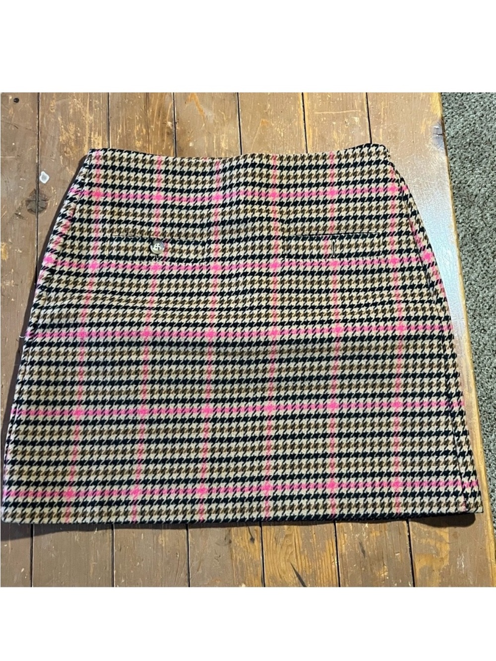 LOFT women's perfect camel plaid houndstooth wool blend welt pocket A-line skirt